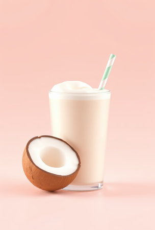 Coconut drink in a glass with half a coconutの素材