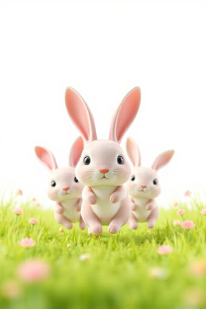 Three cute rabbits jumping on the grassの素材