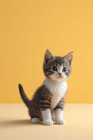 Off white kitten sitting in front of yellow backgroundの素材