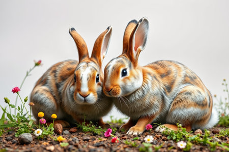 Two rabbits snuggled in the flowersの素材