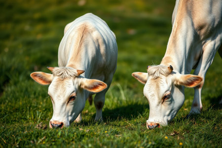 Two cows bowed their heads to graze on the grassの素材
