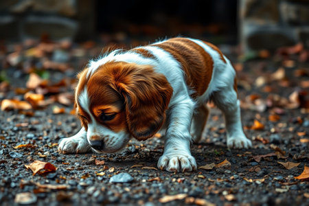 Brown and white puppy leaning over to sniff the ground outdoorsの素材