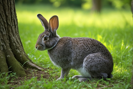 Close up of the gray rabbit in the grass under the treeの素材
