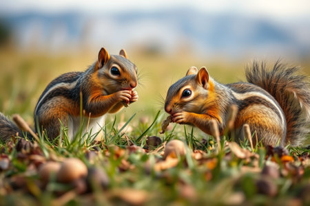 Two squirrels feeding on the grassの素材