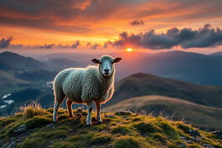Sheep standing on the top of the mountain and sunset sceneryの素材