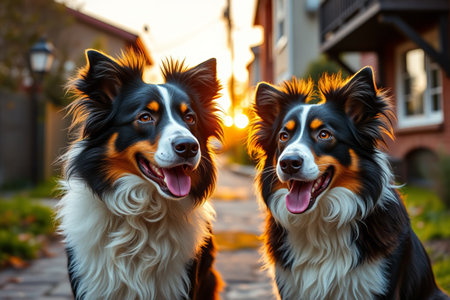 Two sheepdogs on the street at sunsetの素材