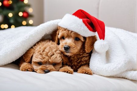 Puppy snuggled in a blanket in a Santa hatの素材