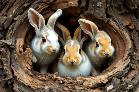 Three rabbits probing in a tree holeの素材