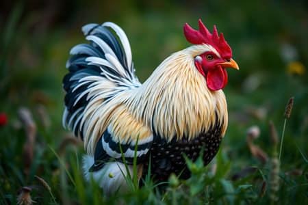 Colorful roosters standing on the grassの素材
