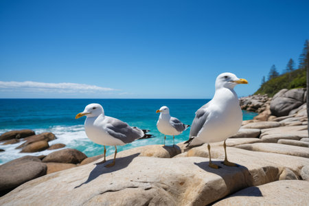 Three seagulls standing on a rocks by the seaの素材