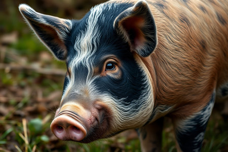 Close up of the head of a colorful pigの素材