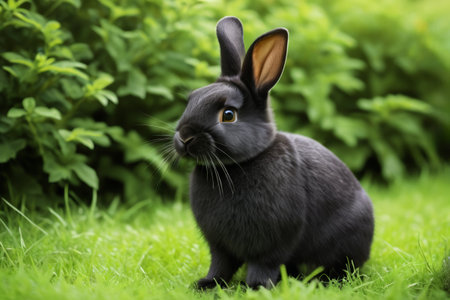 Black pet rabbit on the grassの素材