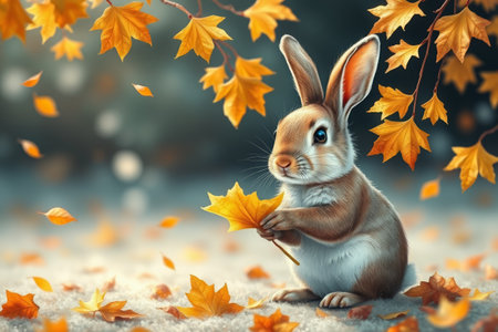 Rabbit holding autumn leaves autumn sceneの素材
