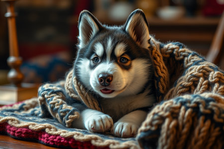 Close up of a blanket wrapped husky petの素材