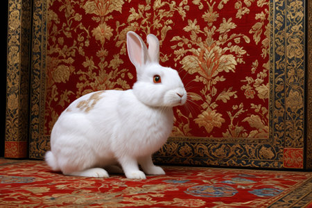 White rabbit in front of a Chinese backgroundの素材