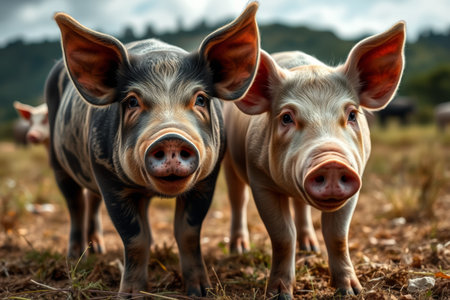 Close up of two little pigs in a fieldの素材