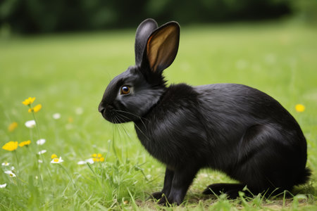 Close up of a black rabbit on the grassの素材