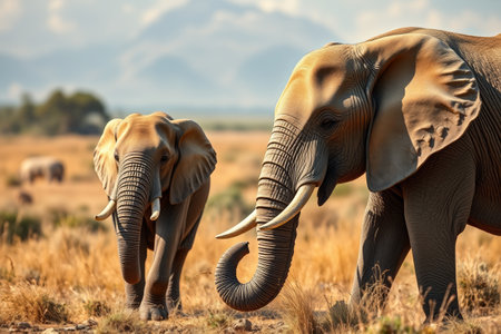 Two elephants on the African grasslandsの素材