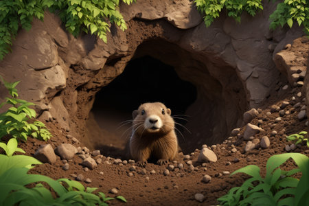 Groundhog pokes its head out of burrowの素材