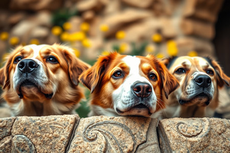 Three dogs looking into the distanceの素材