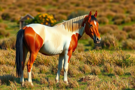 Brown and white horses on the grasslandの素材