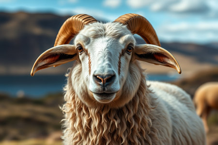 Close up of a longhorn sheepの素材