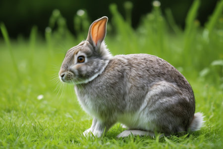 Gray rabbit sitting on the grassの素材