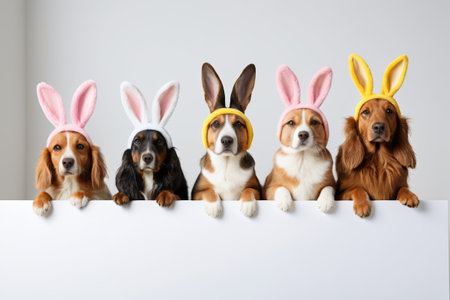 Multiple dogs wearing rabbit ear headdressesの素材
