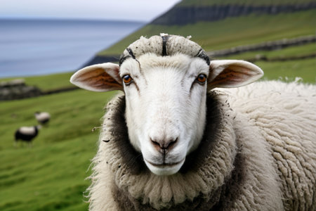 Close up of sheep on the grassy beachの素材