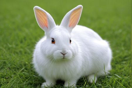 Close up of a white rabbit on the grassの素材