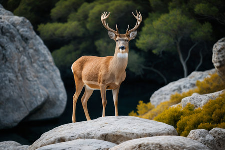 Horned deer standing on the rocksの素材
