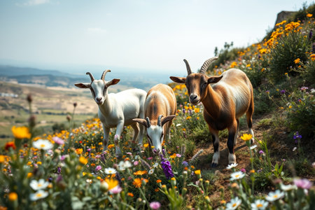 A few goats among the hillside flowersの素材