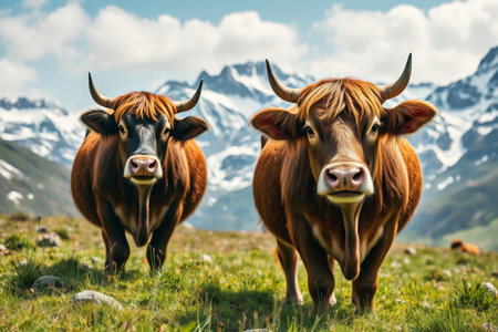 Two cows in a mountain meadowの素材