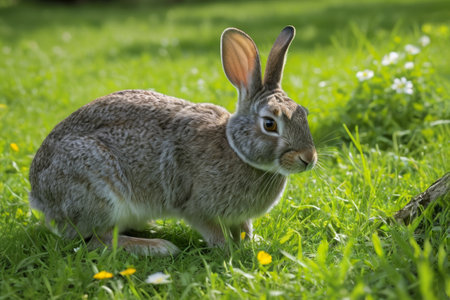 Close up of a gray rabbit on the grassの素材