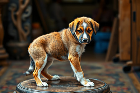 Puppy standing on a round stoolの素材