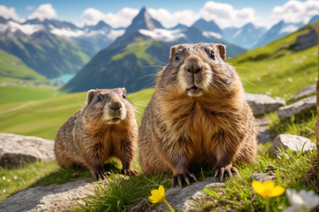 Two groundhogs in an alpine meadowの素材