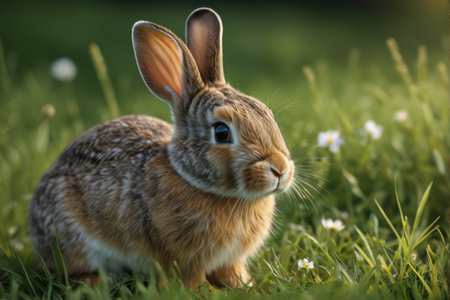 Close up of a brown rabbit on the grassの素材