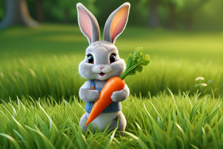 Cartoon rabbit standing on grass holding carrotの素材