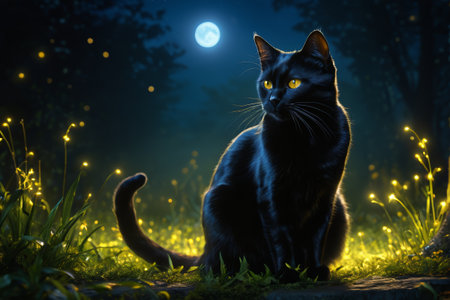 Black cat in the grass on a moonlit nightの素材