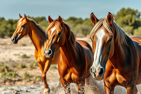 Three horses running in the wildernessの素材