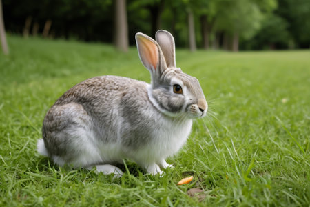 Gray rabbit on the grassの素材