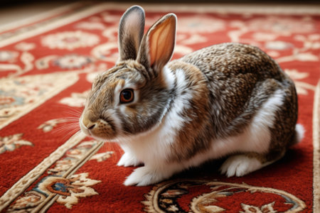 Cute bunny pet on the carpetの素材