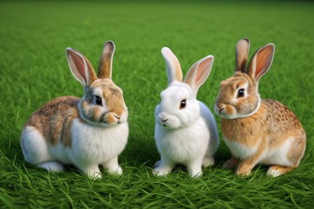 Three cute rabbits on the grassの素材