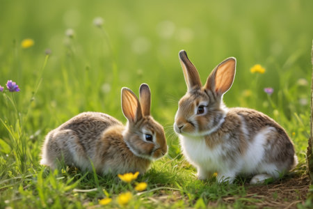 Rabbits on the meadow in springtime. Easter backgroundの素材