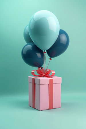 Pink gift box with teal balloon materialの素材