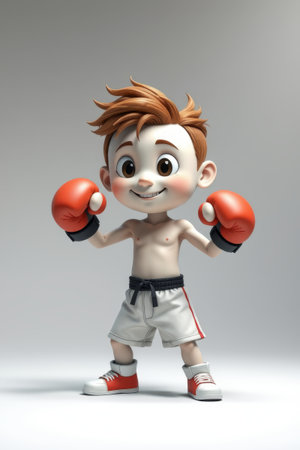 Cartoon boy poses in combat with boxing glovesの素材
