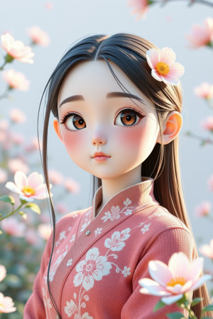 Close up of the ancient cartoon girl's floral backgroundの素材