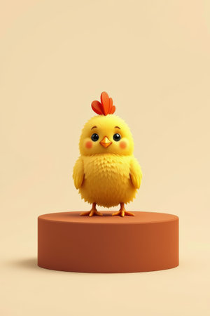 Cartoon Chicken standing on a round tableの素材