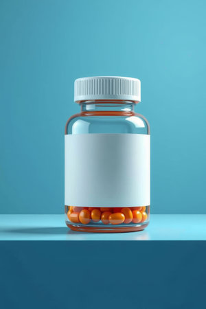 Medicine bottles and pills on a blue backgroundの素材