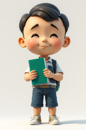 Cartoon little boy holding a bookの素材